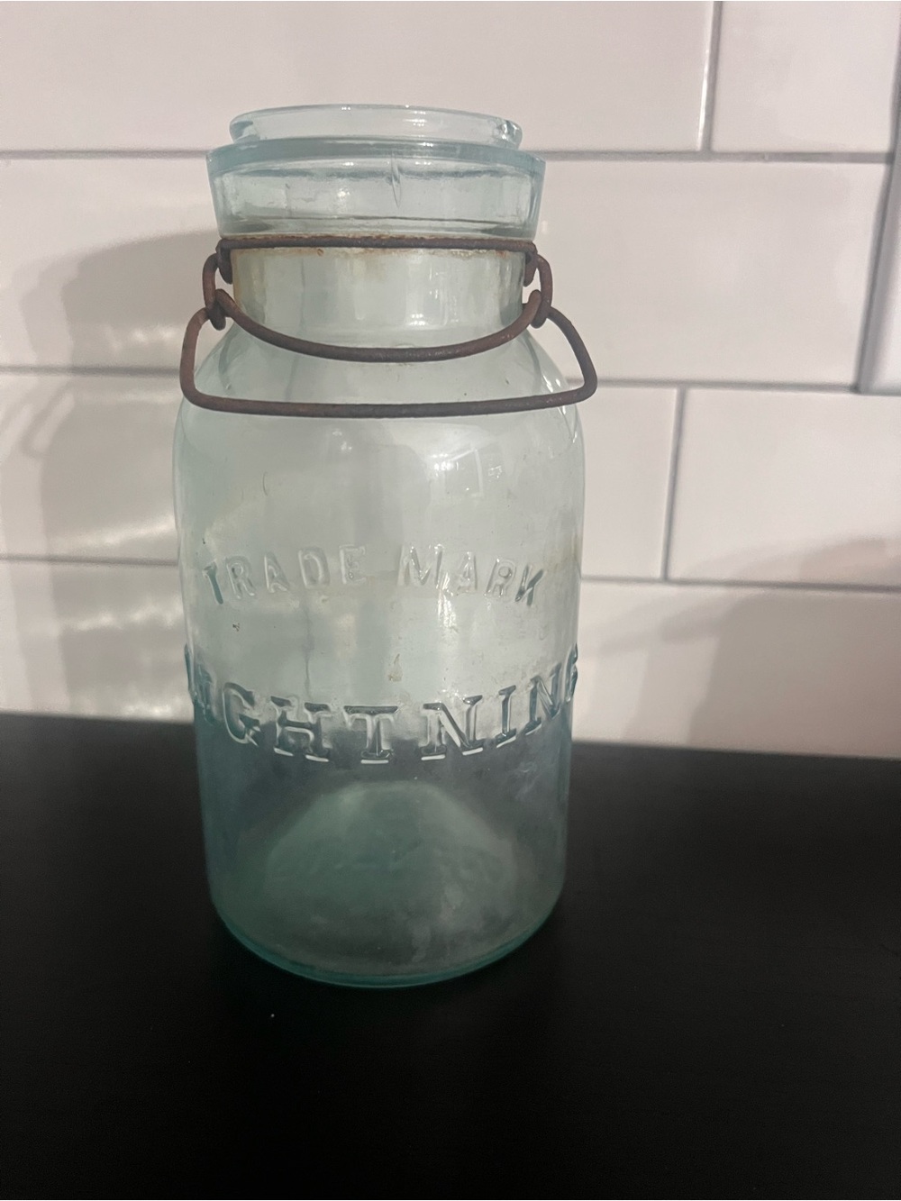 Antique Putnam Aqua Glass Lightning Jar with Wire Bail Late 1800’s